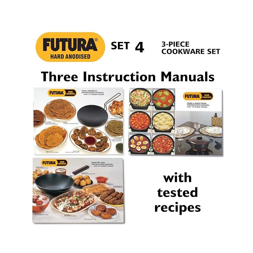 Hawkins Futura 3 Pieces Cookware Set 4 - Hard Anodised Tava, Kadhai, Cook-n-Serve Bowl with One Hard Anodised Lid, Black (ASET4)Aluminium