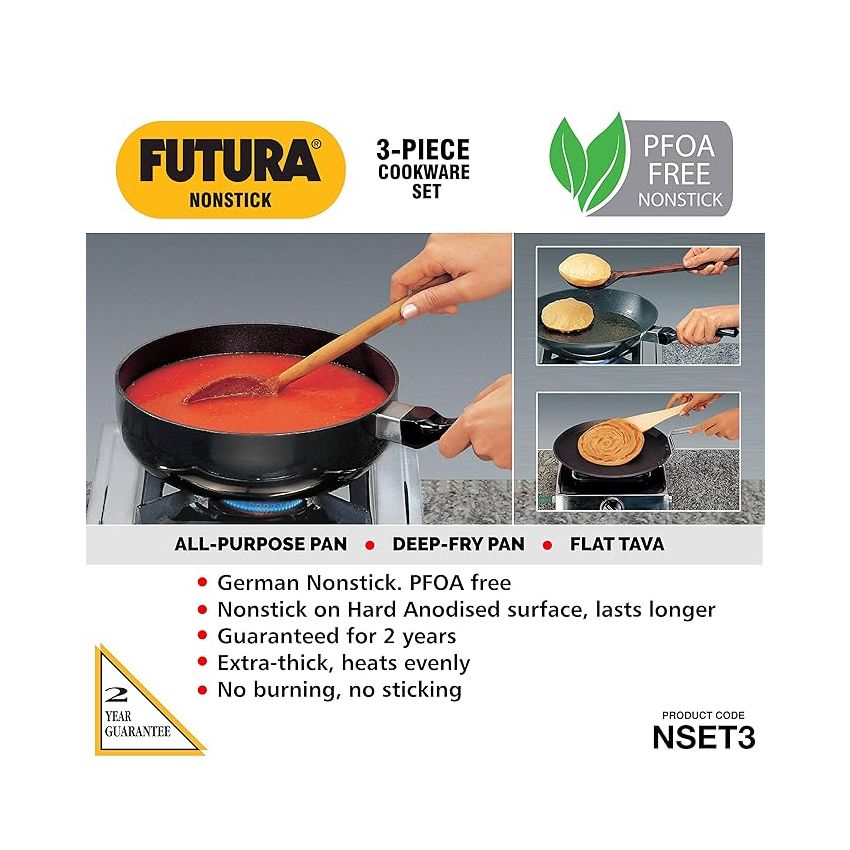 Hawkins Futura 3 Pieces Cookware Set 3 - Non Stick Flat Tava, All-Purpose Pan, Stir Fry Kadhai and Two Stainless Steel Lids, Black (NSET3)