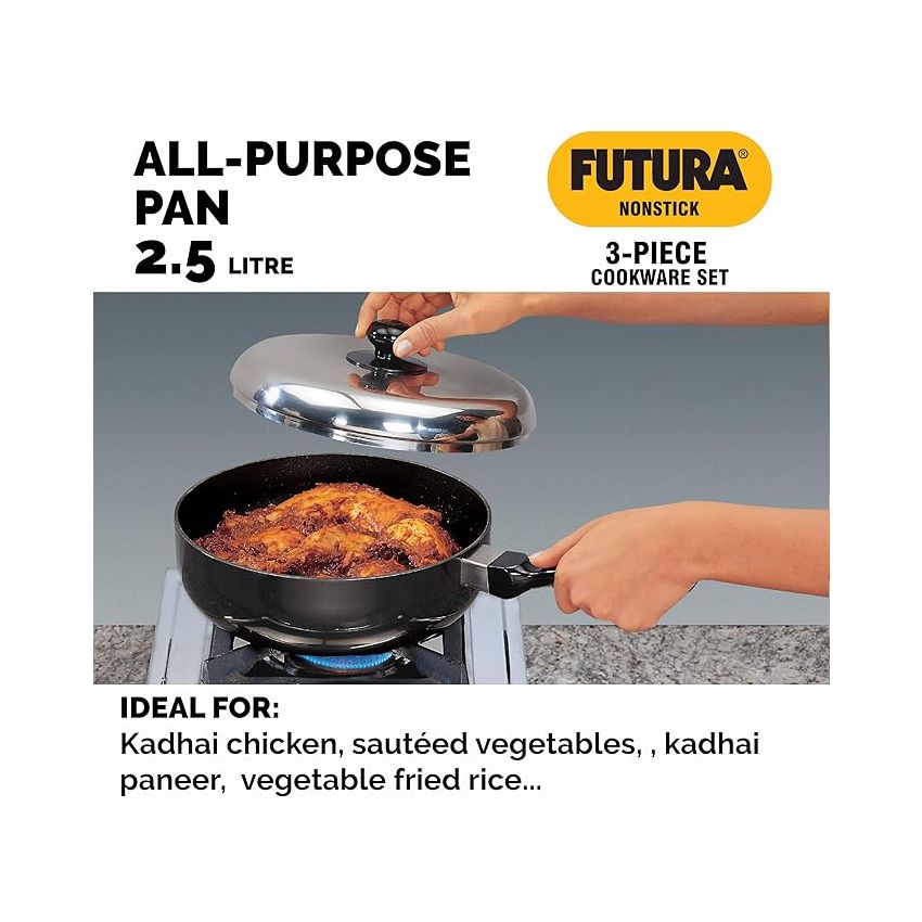 Hawkins Futura 3 Pieces Cookware Set 3 - Non Stick Flat Tava, All-Purpose Pan, Stir Fry Kadhai and Two Stainless Steel Lids, Black (NSET3)