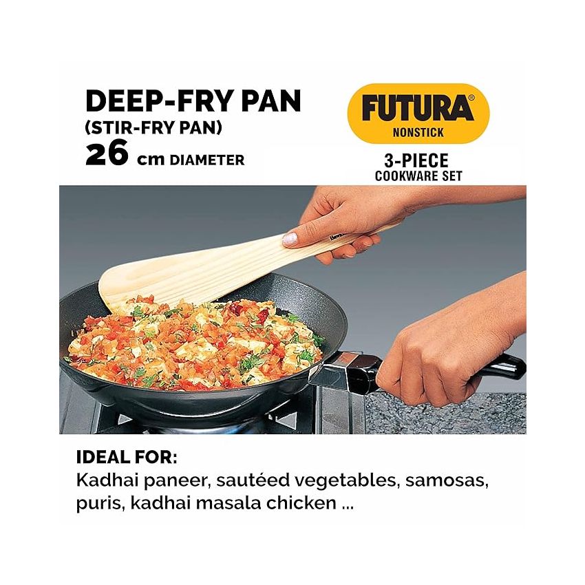 Hawkins Futura 3 Pieces Cookware Set 3 - Non Stick Flat Tava, All-Purpose Pan, Stir Fry Kadhai and Two Stainless Steel Lids, Black (NSET3)