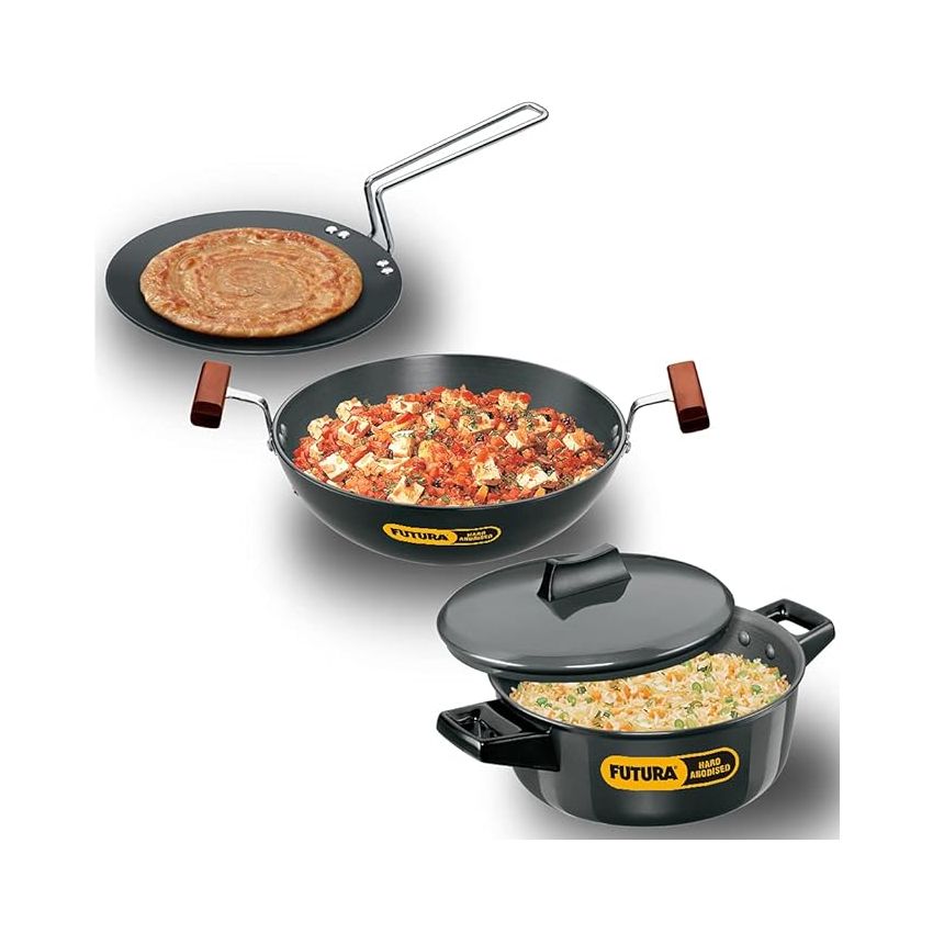 Hawkins Futura 3 Pieces Cookware Set 4 - Hard Anodised Tava, Kadhai, Cook-n-Serve Bowl with One Hard Anodised Lid, Black (ASET4)Aluminium