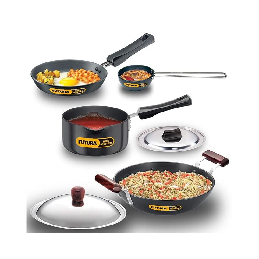 Hawkins Futura 4 Pieces Cookware Set 7 - Hard Anodised Tadka Pan, Frying Pan, Kadhai, Saucepan and Two Stainless Steel Lids, Black (ASET7)