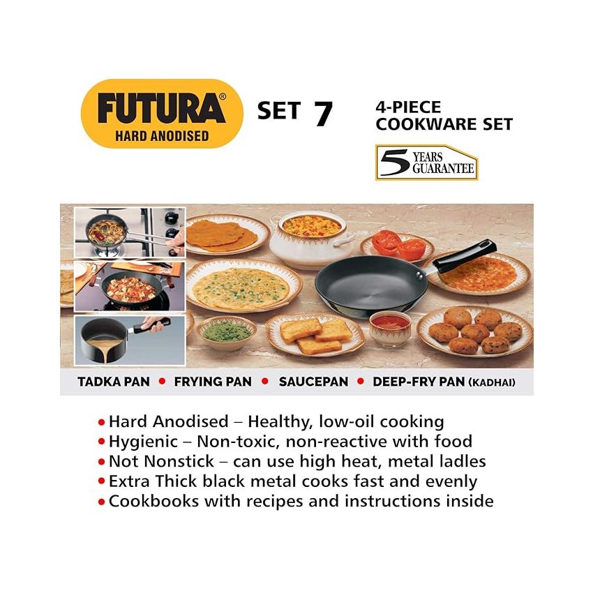Hawkins Futura 4 Pieces Cookware Set 7 - Hard Anodised Tadka Pan, Frying Pan, Kadhai, Saucepan and Two Stainless Steel Lids, Black (ASET7)