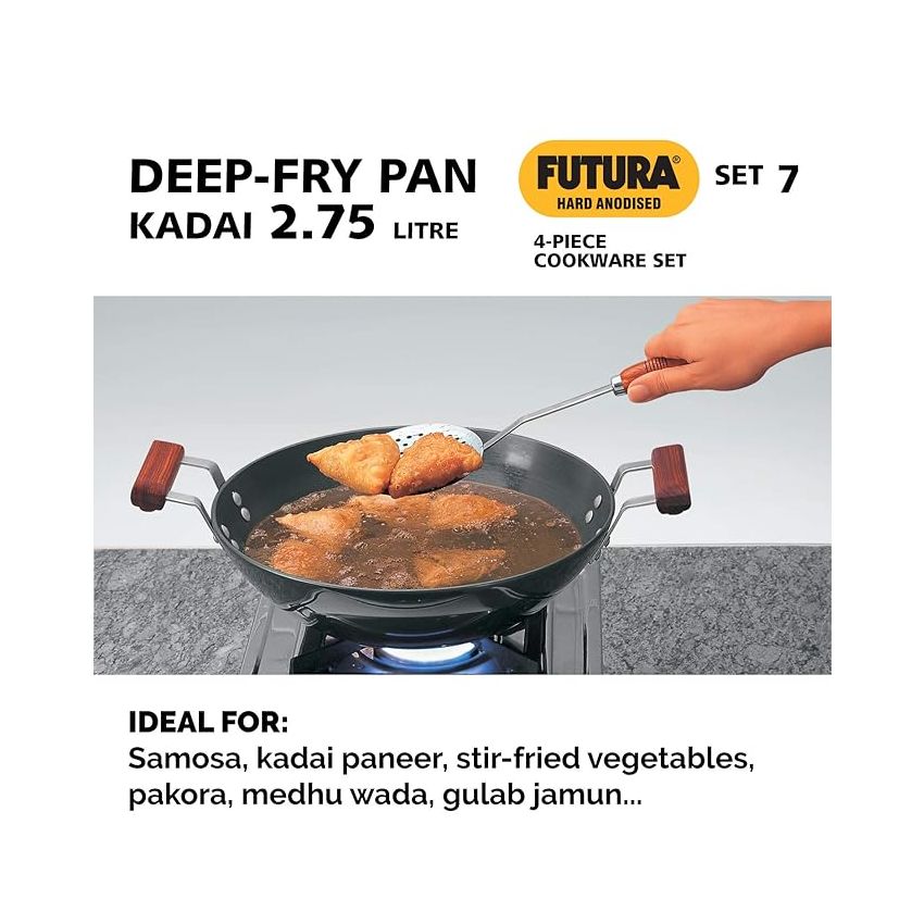 Hawkins Futura 4 Pieces Cookware Set 7 - Hard Anodised Tadka Pan, Frying Pan, Kadhai, Saucepan and Two Stainless Steel Lids, Black (ASET7)