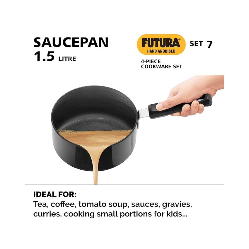 Hawkins Futura 4 Pieces Cookware Set 7 - Hard Anodised Tadka Pan, Frying Pan, Kadhai, Saucepan and Two Stainless Steel Lids, Black (ASET7)