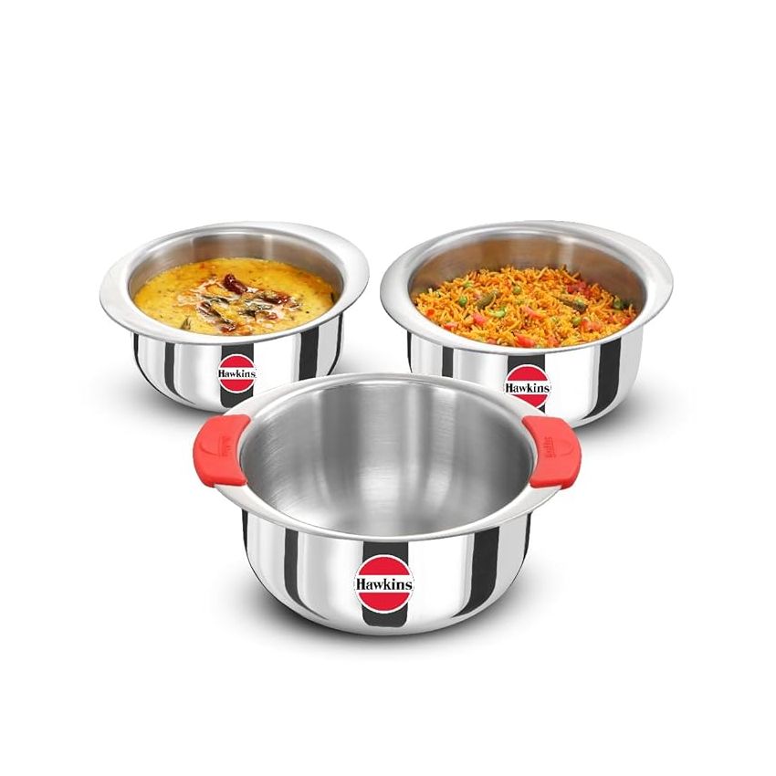 Hawkins Kitchen Gift Pack 2023 (23SGP) 3 Pieces Set of 1.5 Litre, 2 Litre and 2.5 Litre Triply Stainless Steel Patila, Tope, Bhagona, Tapeli, Saucepans Silver