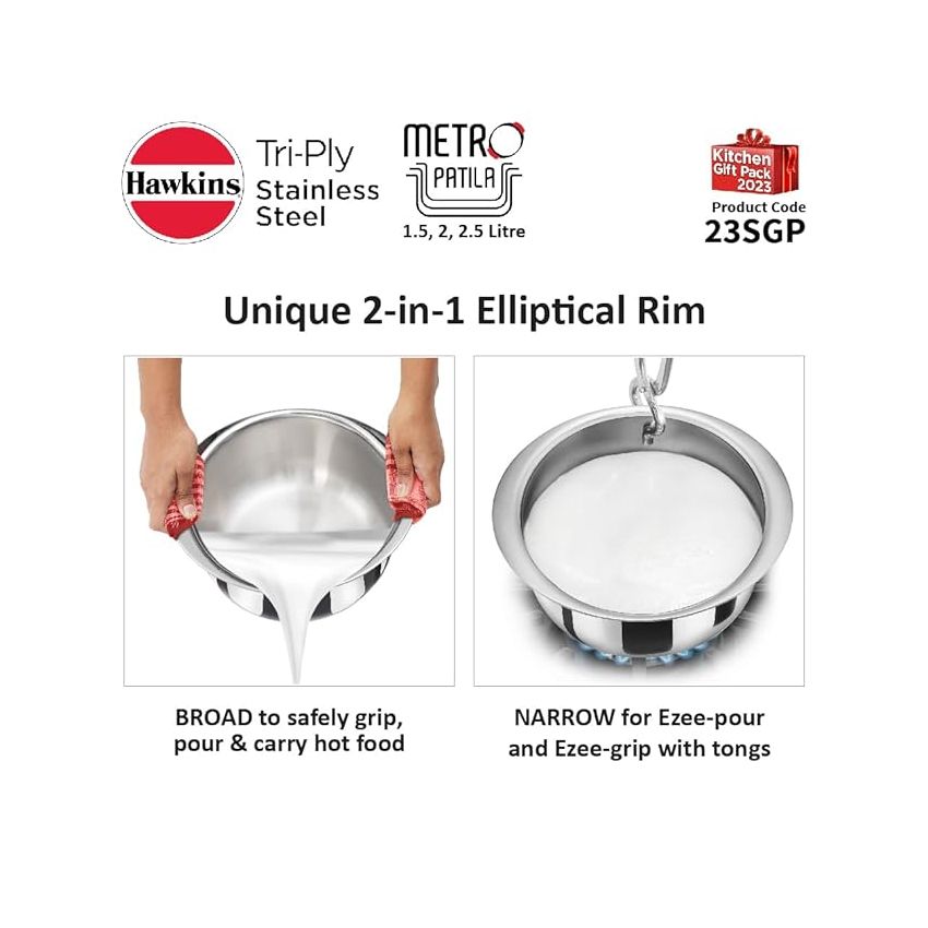 Hawkins Kitchen Gift Pack 2023 (23SGP) 3 Pieces Set of 1.5 Litre, 2 Litre and 2.5 Litre Triply Stainless Steel Patila, Tope, Bhagona, Tapeli, Saucepans Silver