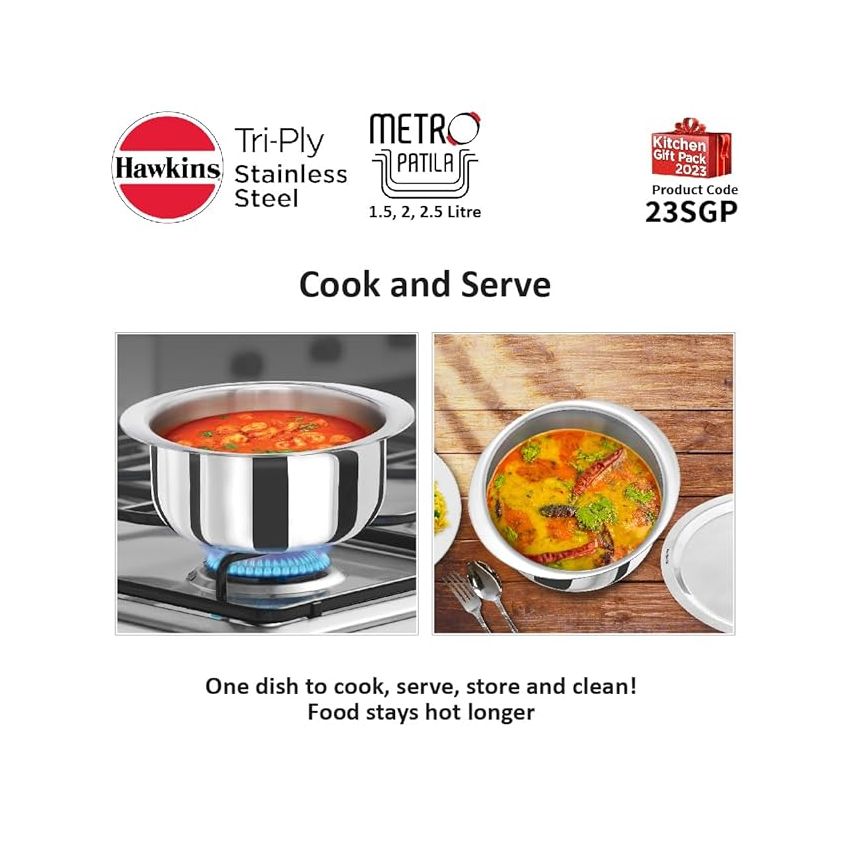 Hawkins Kitchen Gift Pack 2023 (23SGP) 3 Pieces Set of 1.5 Litre, 2 Litre and 2.5 Litre Triply Stainless Steel Patila, Tope, Bhagona, Tapeli, Saucepans Silver