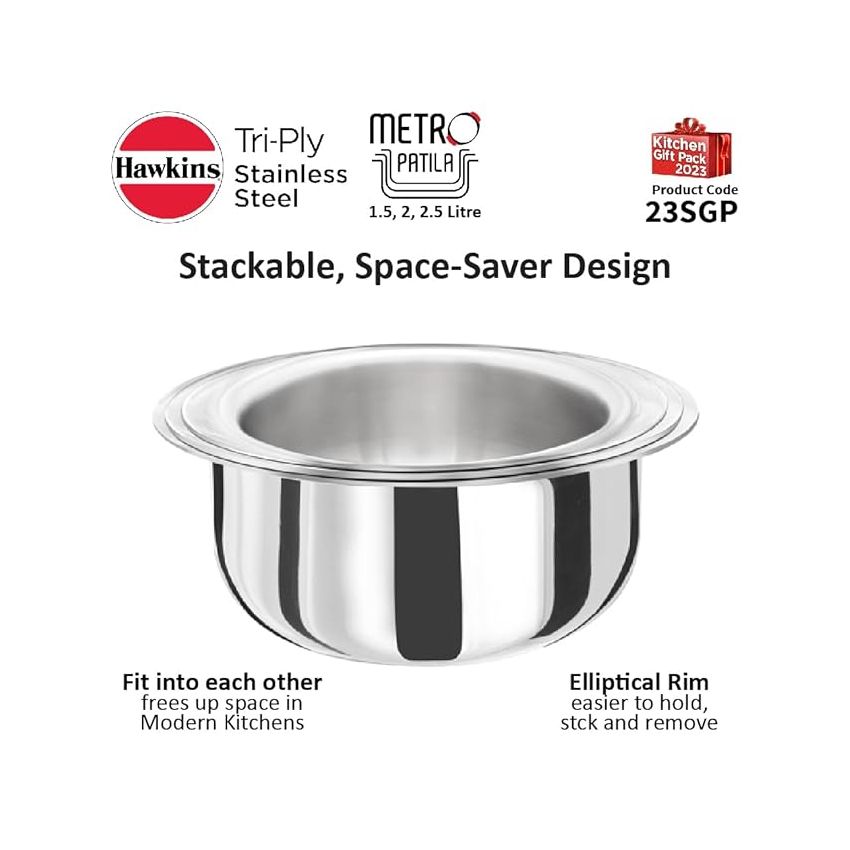 Hawkins Kitchen Gift Pack 2023 (23SGP) 3 Pieces Set of 1.5 Litre, 2 Litre and 2.5 Litre Triply Stainless Steel Patila, Tope, Bhagona, Tapeli, Saucepans Silver