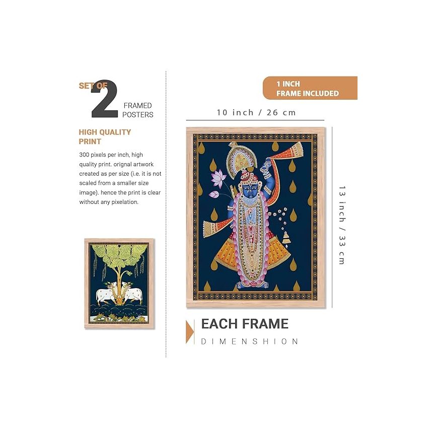 kotart Madhubani Art Framed Painting for Home, Living Room, Hall | Shrinath Ji Pichwai Art Traditional Paitnings with Frame for Home Decor (Set of 2) (Style04)