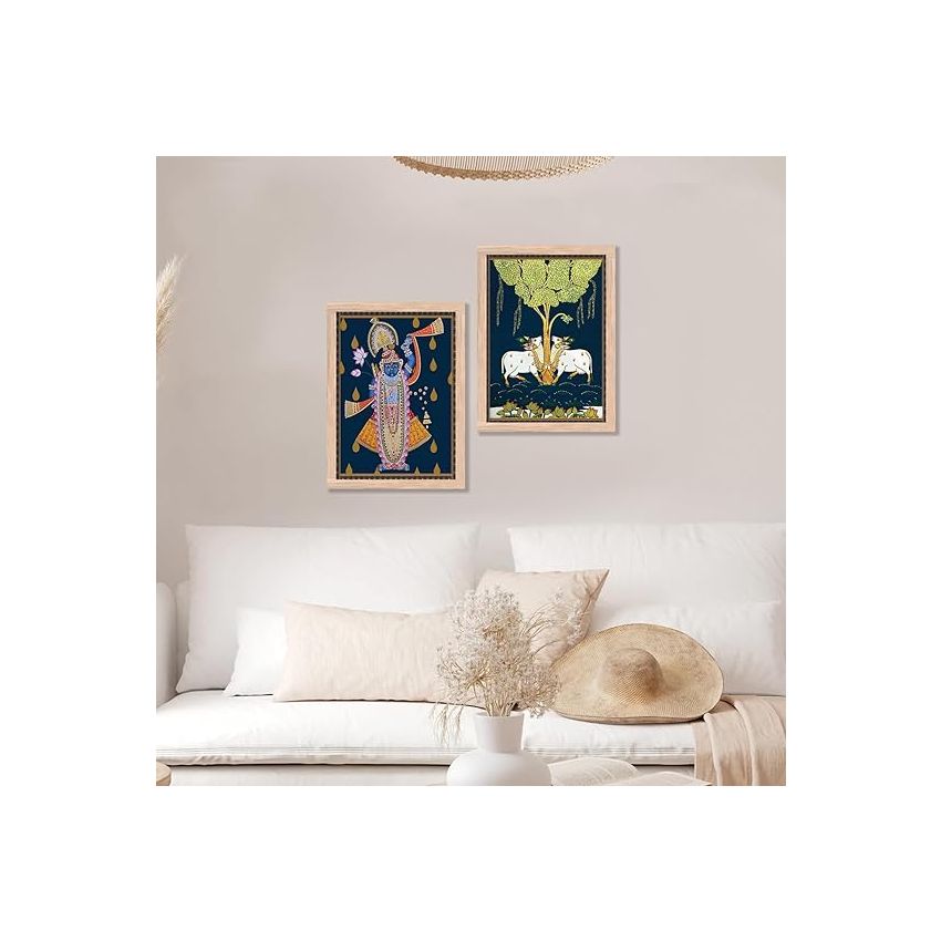 kotart Madhubani Art Framed Painting for Home, Living Room, Hall | Shri Nath Ji Pichwai Traditional Paitnings with Frame for Home Decor (Set of 2)