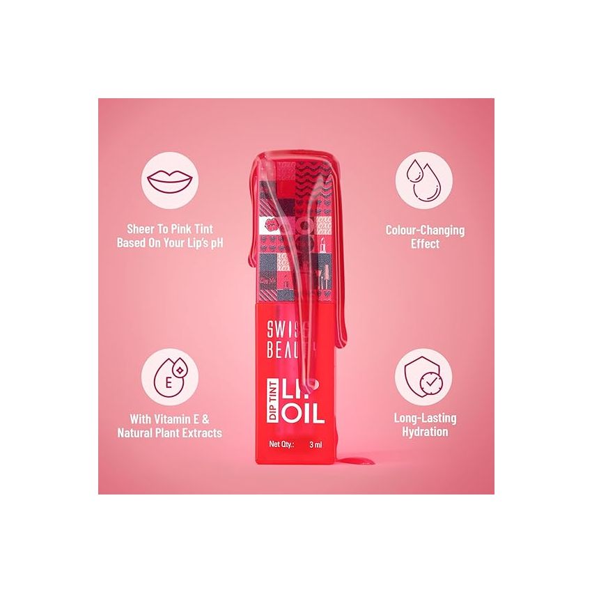 Swiss Beauty Dip Tint Colour Changing PH Lip Oil | With Vitamin E for Long-Lasting Nourishment and Hydration| Soft and Natural Pink Lips | Shade- Peach, 3ml