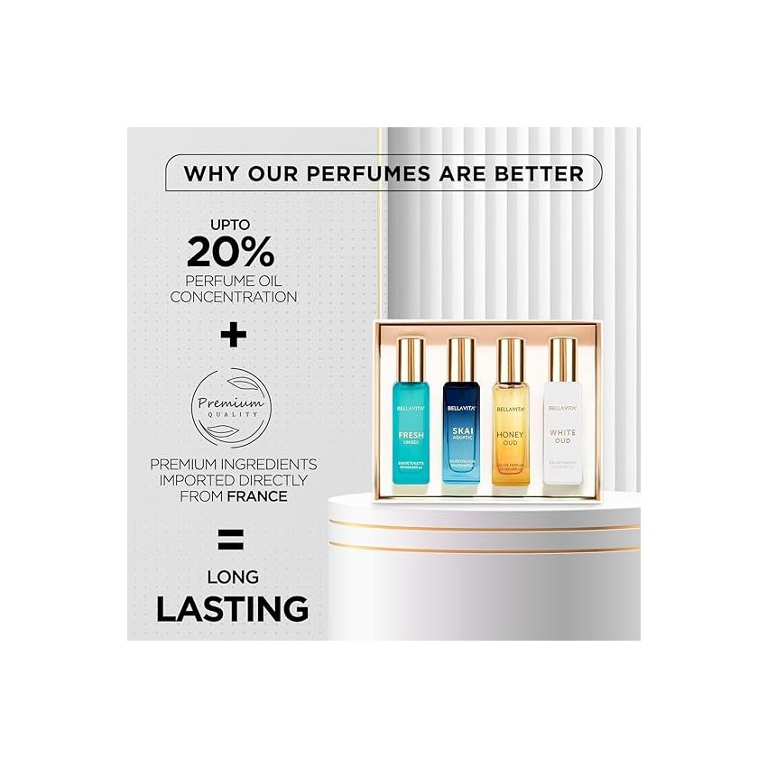 Bella Vita Luxury Unisex Eau De Parfum Gift Set 4 x 20ml for Men & Women with SKAI, FRESH, WHITEOUD, HONEY OUD Perfume|Long Lasting EDP Fragrance Scent