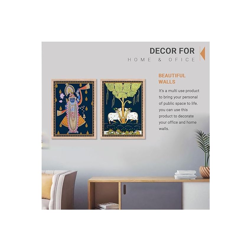 kotart Madhubani Art Framed Painting for Home, Living Room, Hall | Shrinath Ji Pichwai Art Traditional Paitnings with Frame for Home Decor (Set of 2) (Style04)