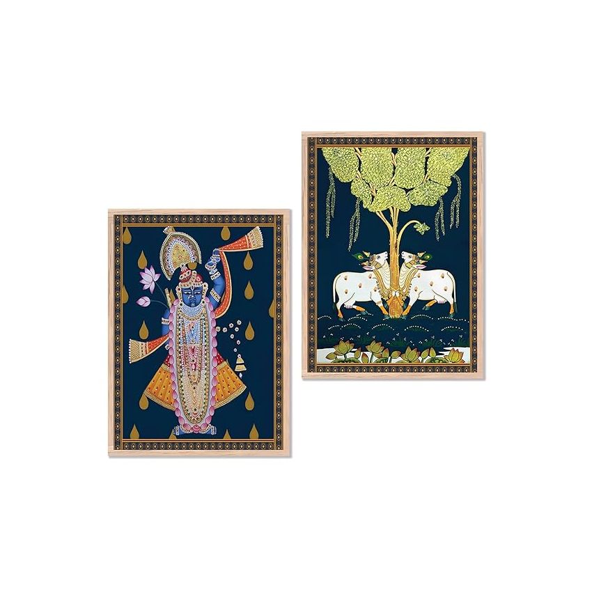 kotart Madhubani Art Framed Painting for Home, Living Room, Hall | Shrinath Ji Krishna Art Traditional Paitnings with Frame for Home Decor (Set of 2)