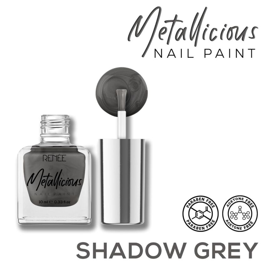 RENEE Metallicious Nail Paint- Shadow Grey 10ml | Quick Drying, Metallic Finish, Long Lasting, Chip resisting Formula with High Shine & Full Coverage | Acetone & Paraben Free