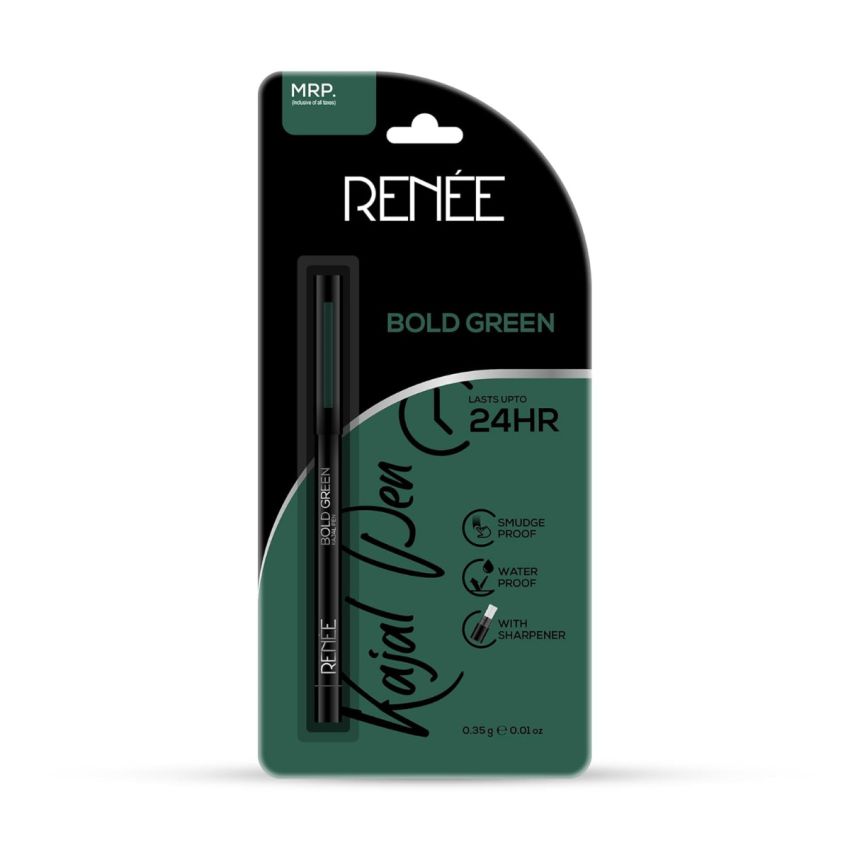 RENEE Kajal Pen with Sharpener - Bold Green 0.35gm 24 Hrs Stay Long Lasting Kohl Pencil, Matte Finish, Rich Color Payoff, Smudge & Water Proof with One Swipe Application Formula