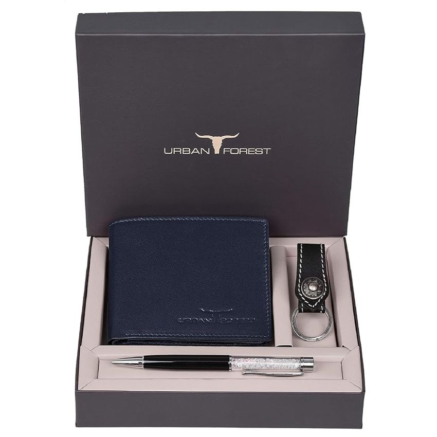 URBAN FOREST Weasley Dark Blue Leather Wallet, Keyring & Pen Combo Gift Set for Men