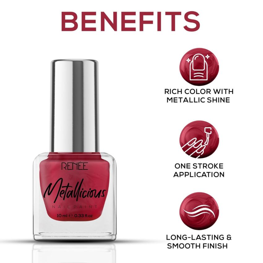 RENEE Metallicious Nail Paint- Christmas Red 10ml | Quick Drying, Metallic Finish, Long Lasting, Chip resisting Formula with High Shine & Full Coverage | Acetone & Paraben Free