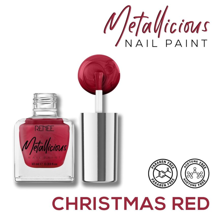 RENEE Metallicious Nail Paint- Christmas Red 10ml | Quick Drying, Metallic Finish, Long Lasting, Chip resisting Formula with High Shine & Full Coverage | Acetone & Paraben Free