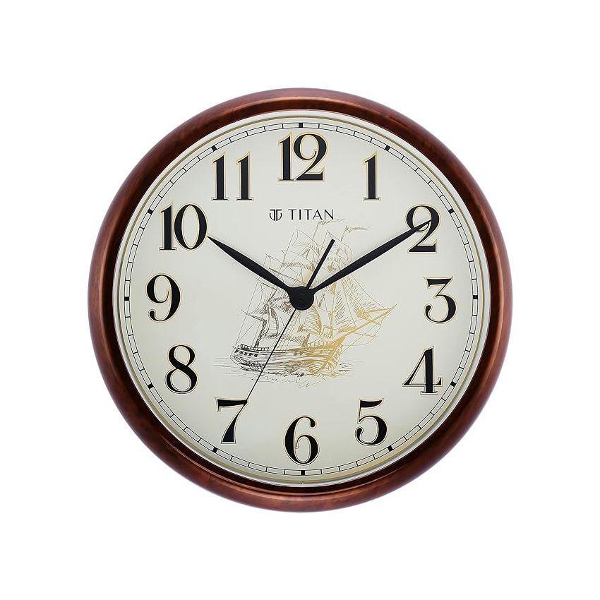 Titan Dark Brown Wood Finish Analog Clock with Ship Design On Dial and Silent Sweep - 39.8 Cm X 39.8 Cm (Large)