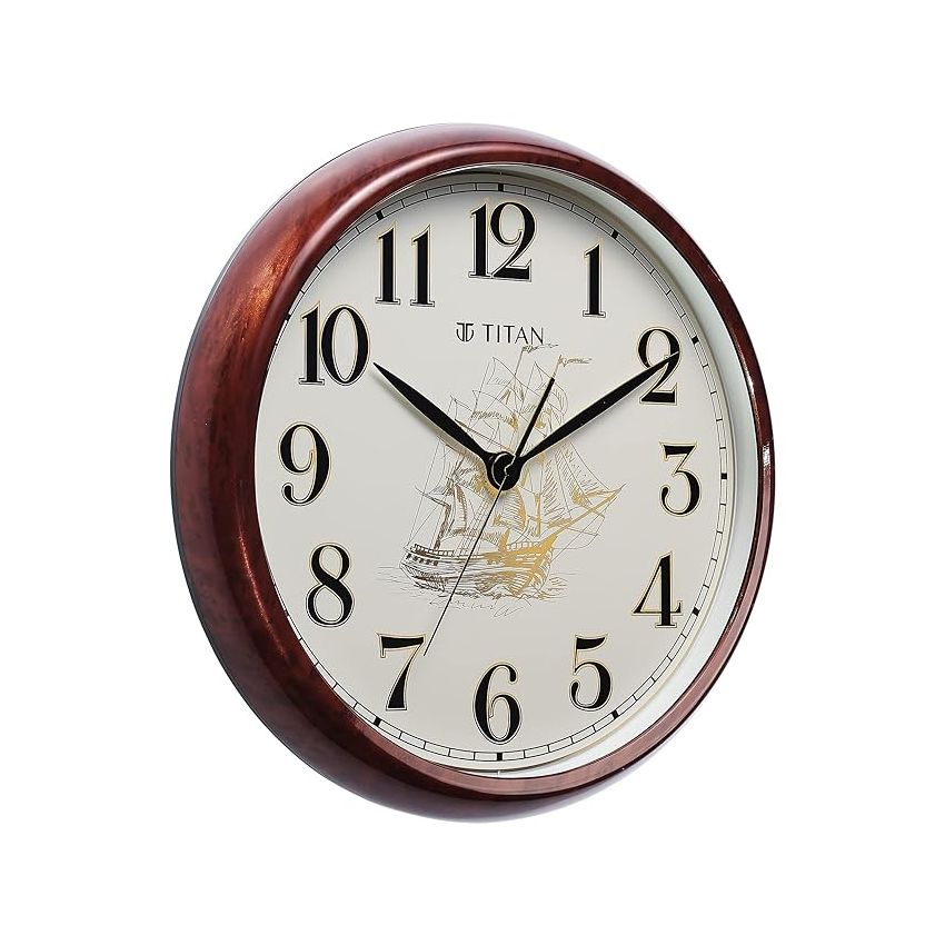 Titan Dark Brown Wood Finish Analog Clock with Ship Design On Dial and Silent Sweep - 39.8 Cm X 39.8 Cm (Large)