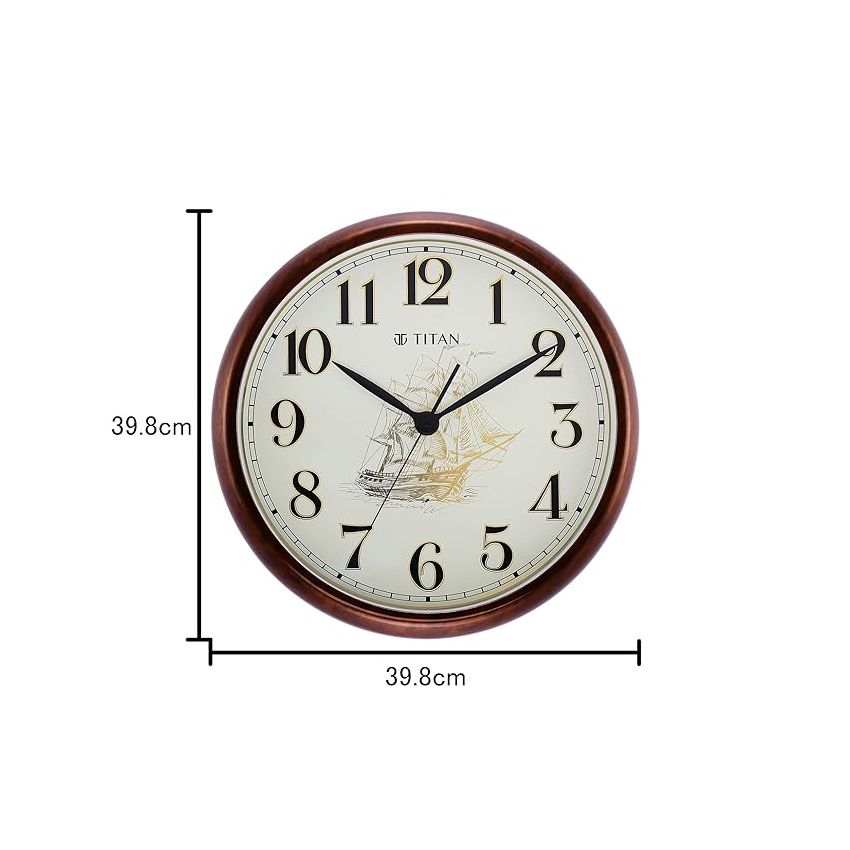 Titan Dark Brown Wood Finish Analog Clock with Ship Design On Dial and Silent Sweep - 39.8 Cm X 39.8 Cm (Large)