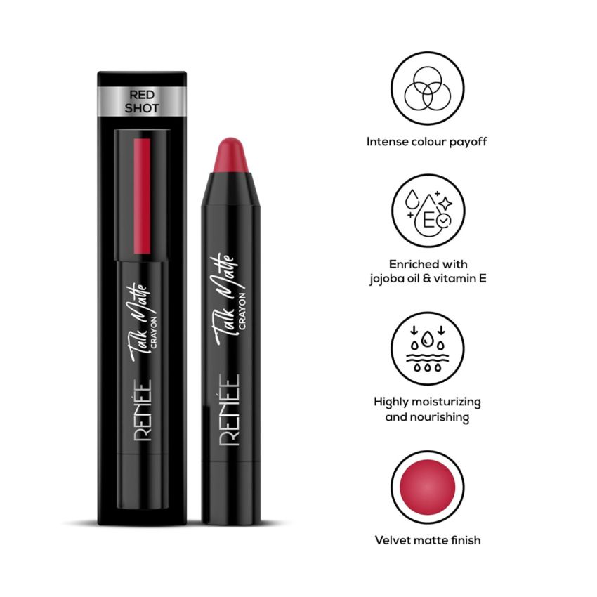 RENEE Talk Matte Crayon Lipstick - Red Shot,4.5g | Hydrating and Long-Lasting Matte Lip Color | Enriched with Vitamin E, Jojoba Oil & Cocoa Butter