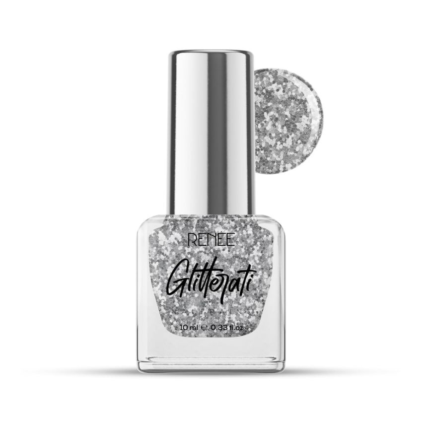 RENEE Glitterati Nail Paint- Silver Confetti 10ml | Quick Drying, Glittery Finish, Long Lasting, Chip resisting Formula with High Glitter & Full Coverage | Acetone & Paraben Free 
