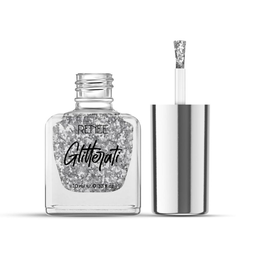 RENEE Glitterati Nail Paint- Silver Confetti 10ml | Quick Drying, Glittery Finish, Long Lasting, Chip resisting Formula with High Glitter & Full Coverage | Acetone & Paraben Free 