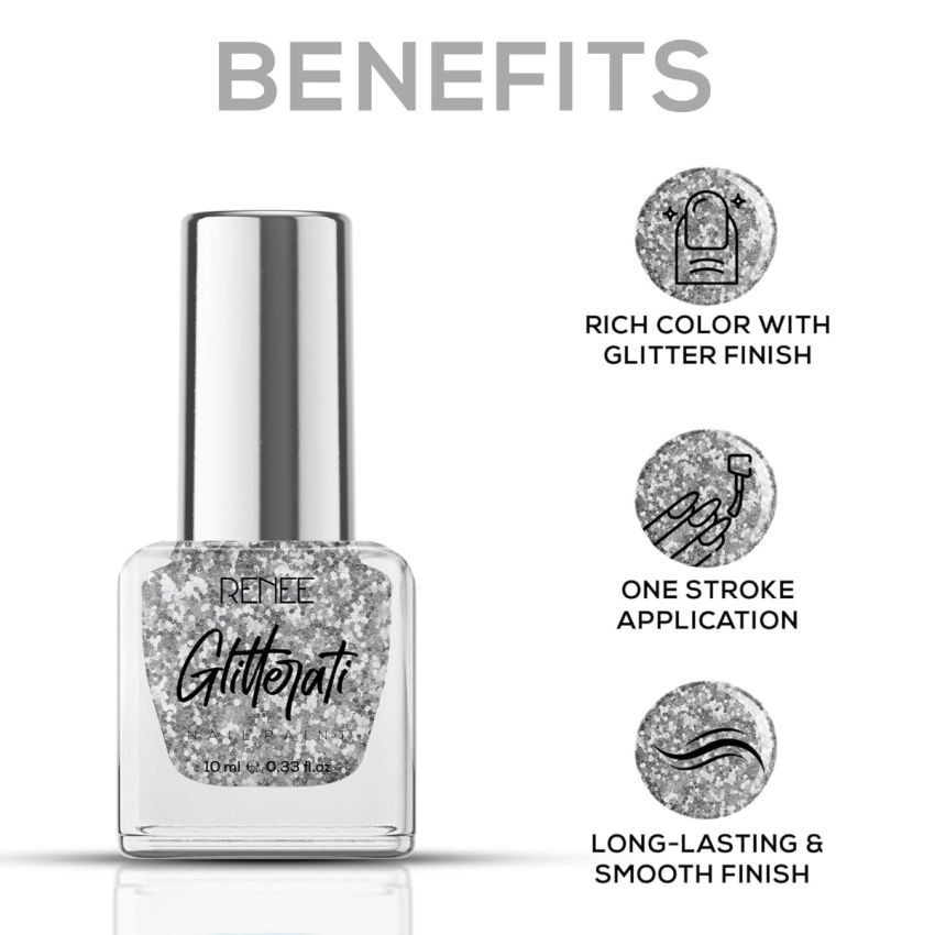 RENEE Glitterati Nail Paint- Silver Confetti 10ml | Quick Drying, Glittery Finish, Long Lasting, Chip resisting Formula with High Glitter & Full Coverage | Acetone & Paraben Free 