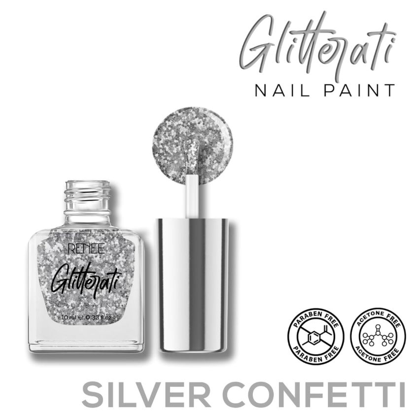 RENEE Glitterati Nail Paint- Silver Confetti 10ml | Quick Drying, Glittery Finish, Long Lasting, Chip resisting Formula with High Glitter & Full Coverage | Acetone & Paraben Free 