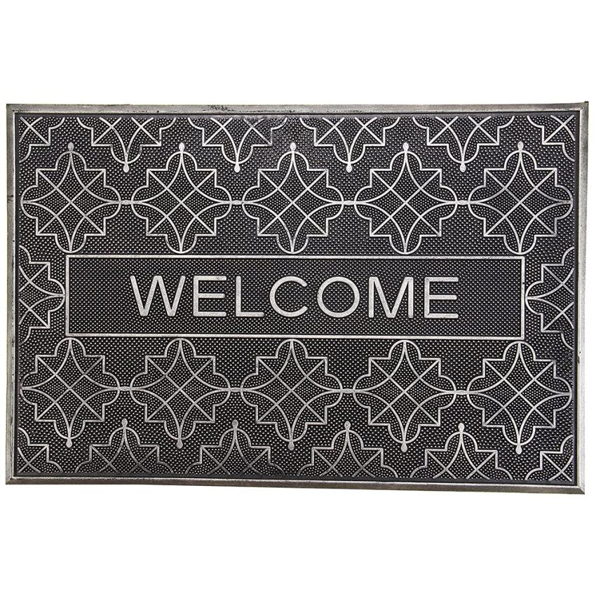Onlymat Welcome Printed Door Mat (Silver Colour) Heavy-Duty, Long-Lasting Entryway Rug Natural Rubber Material with Anti-Slip Backing for High Traffic Areas, 60x90cm