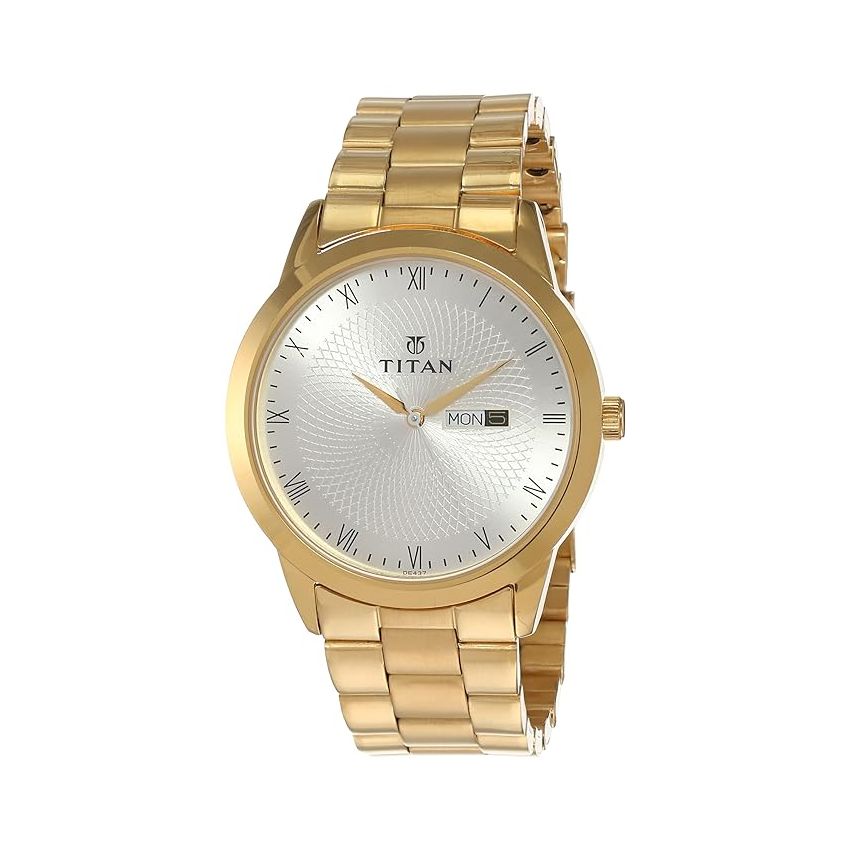 Titan Regalia Quartz Analog with Day and Date Silver Dial Stainless Steel Strap Watch for Men-NS1584YM02/NT1584YM02