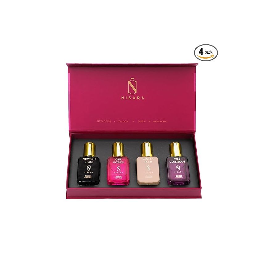 Nisara Long Lasting Women Perfume Gift Set 4x15ml for Christmas & New Year with | Midnight Tease | Girl Power | Vanilla Rush | Miss Gorgeous | Travel & Pocket friendly perfume kit for all moods & occasions | Perfume for Women