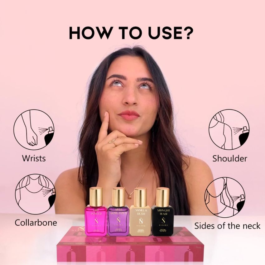 Nisara Long Lasting Women Perfume Gift Set 4x15ml for Christmas & New Year with | Midnight Tease | Girl Power | Vanilla Rush | Miss Gorgeous | Travel & Pocket friendly perfume kit for all moods & occasions | Perfume for Women