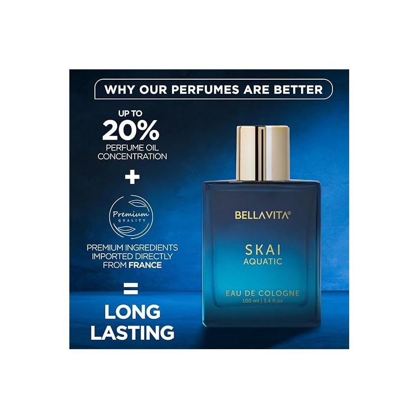 Bella Vita Luxury Skai Aquatic Unisex Eau De Cologne Liquid With Bergamot, Lavender & Patchouli|Premium, Long Lasting Woody Fragrance For Men & Women, 100 Ml