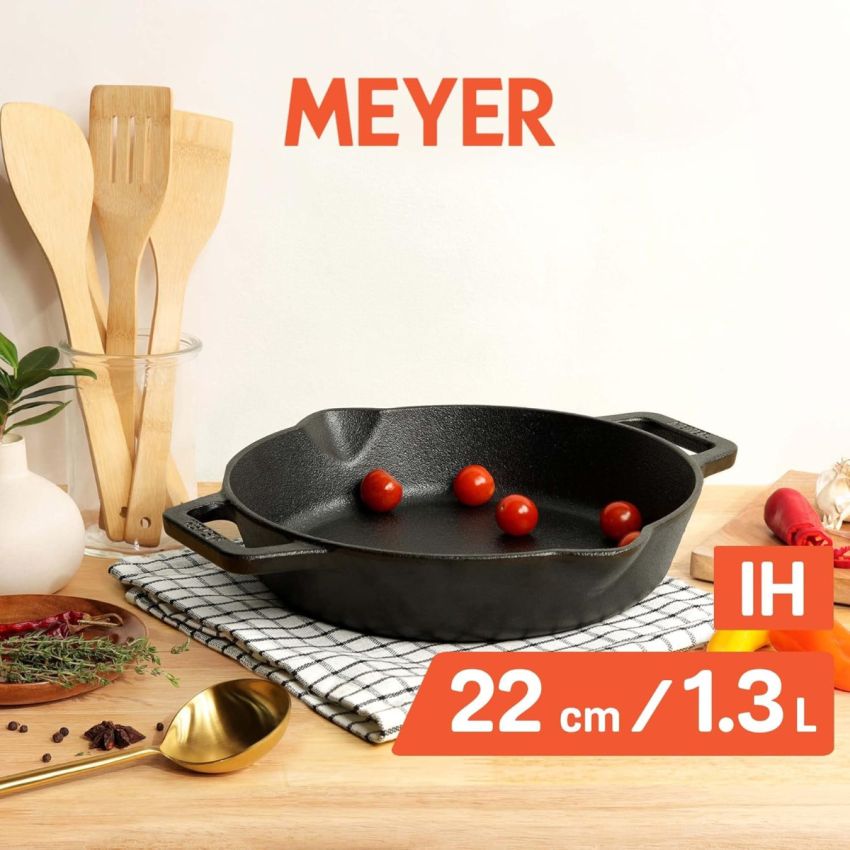 Meyer Pre-Seasoned Cast Iron Frypan | Cast Iron Skillet | Iron Pan | Frying Pan | Iron Fry Pan | Omlette Pan | Gas and Induction Compatible, 22cm, Black