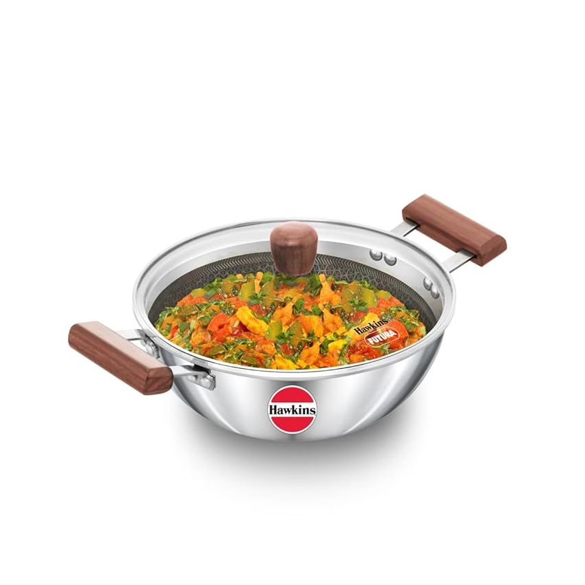 Hawkins 2.5 Litre Deep Kadhai, Triply Stainless Steel Shielded Nonstick Deep-Fry Pan with Rosewood Handle, Honeycomb Non Stick Induction Kadai, Silver (NSDK25G)