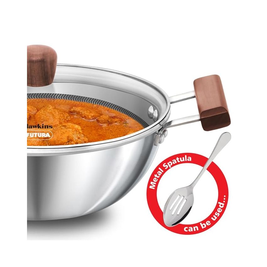 Hawkins 2.5 Litre Deep Kadhai, Triply Stainless Steel Shielded Nonstick Deep-Fry Pan with Rosewood Handle, Honeycomb Non Stick Induction Kadai, Silver (NSDK25G)