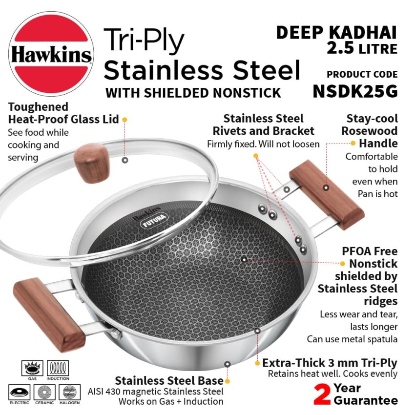 Hawkins 2.5 Litre Deep Kadhai, Triply Stainless Steel Shielded Nonstick Deep-Fry Pan with Rosewood Handle, Honeycomb Non Stick Induction Kadai, Silver (NSDK25G)