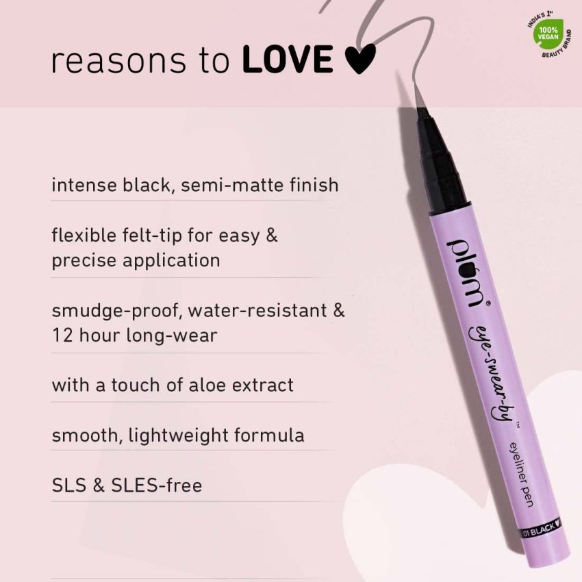 Plum Eye-Swear-By Pencil Eyeliner Pen | Flexible Felt-Tip | Smudge-Proof | 100% Vegan & Cruelty Free | 01 Black, Semi Matte Finish