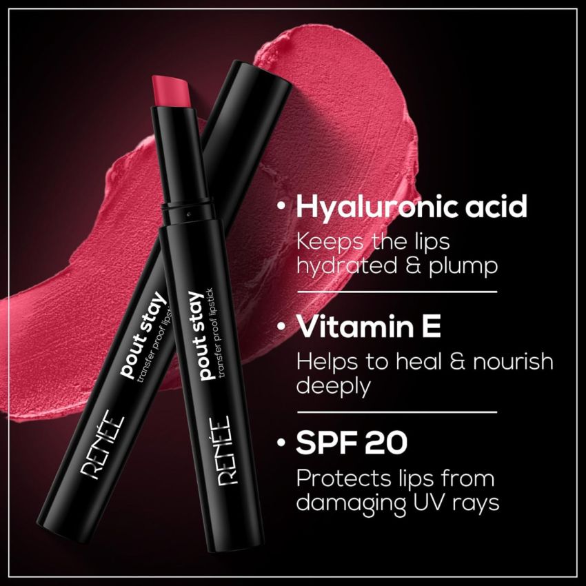 RENEE Poutstay Transfer Proof Lipstick, Smudgeproof & Transferproof, Long Lasting Matte Finish, Easy Glide Application, Infused with Hyaluronic acid, Vitamin E & SPF 20, Kira, 2 Gm
