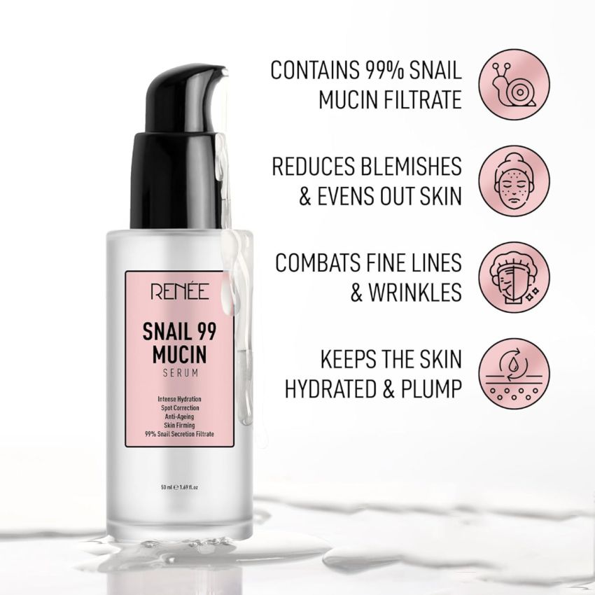 RENEE Snail 99 Mucin Serum for Face - Contains 99% Snail Secretion Filtrate & Hyaluronic Acid - Intense Hydration, Blemishes, Wrinkles & Spot Correction, Anti Ageing, Skin Firming - All Skin Types