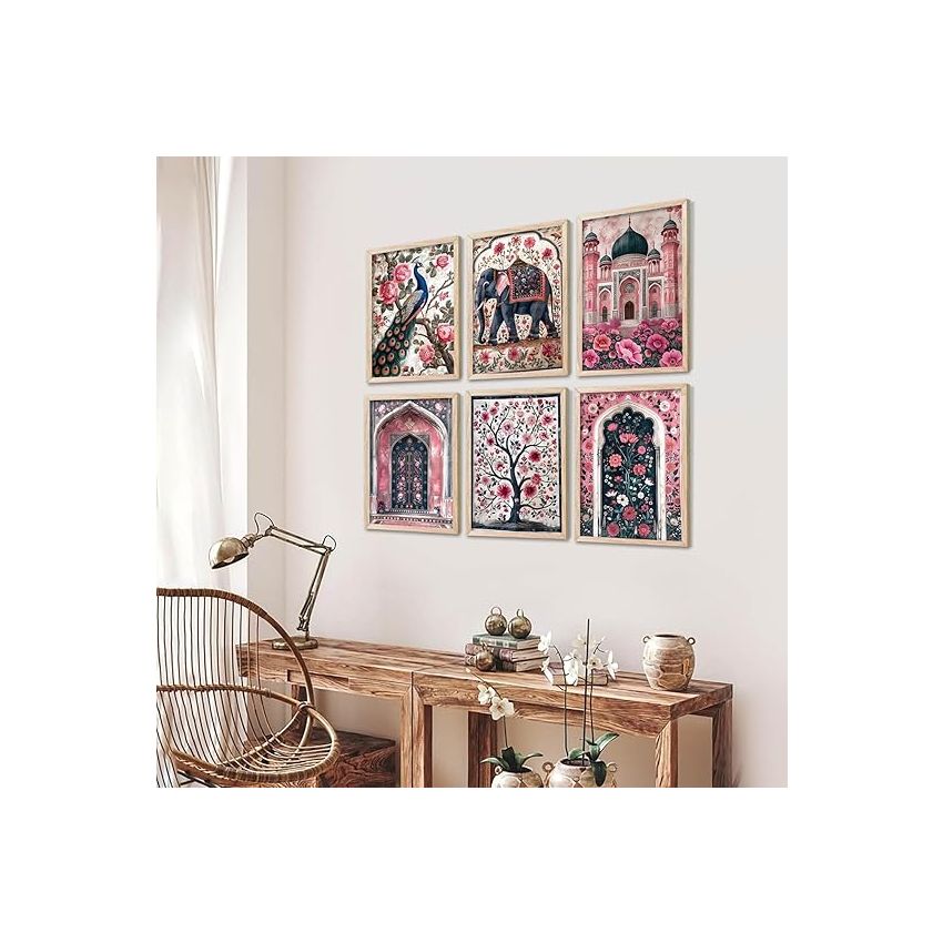 kotart Madhubani wall Art Paintings with Frame for Home Decoration | Painting for Wall Decoration Traditional Framed Painting for Living Room Bedroom Office Decor | Decorative Wall Art Set of 6 (13x17 inch, A)
