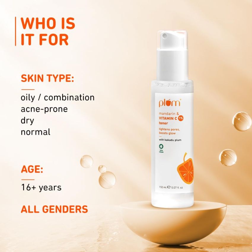 Plum 1% Vitamin C Toner with Mandarin & Kakadu Plum | Alcohol-free Toner | For Glowing Skin | Soft Spray Dispenser | Fragrance-Free | For All Skin Types | Women & Men | 100% Vegan | 150 ml