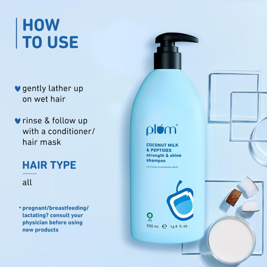 Plum Coconut Milk & Peptides Shampoo for Dry & Frizzy Hair | Provides 22X Shiny & Softer Hair | Paraben-Free | Hair Shampoo for Women & Men | for Straight, Wavy & Rough Hair | pH Balanced | 500ml