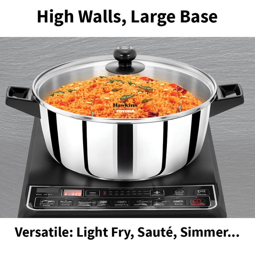 Hawkins 5 Litre Cook n Serve Casserole, Stainless Steel Saucepan with Glass Lid, Induction Pan, Sauce Pan for Cooking and Serving, Black (SSCB50G)