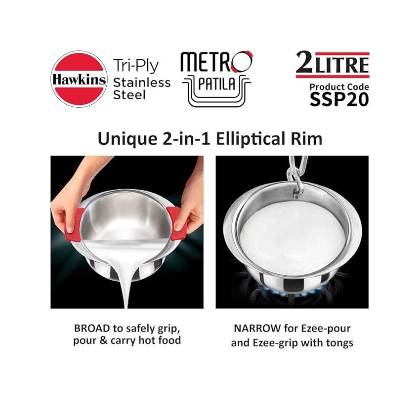 Hawkins 2 Litre Metro Patila, Triply Stainless Steel Tope, Induction Bhagona, Tapeli, Silver (SSP20)