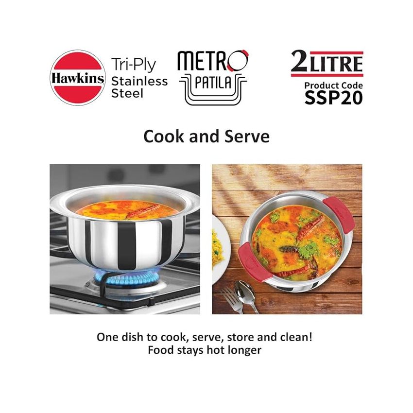 Hawkins 2 Litre Metro Patila, Triply Stainless Steel Tope, Induction Bhagona, Tapeli, Silver (SSP20)